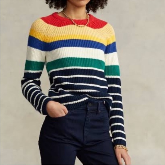 Polo Ralph Lauren Stripe Crewneck Knit Cotton Sweater Textured Size Small Preppy - Picture 1 of 10